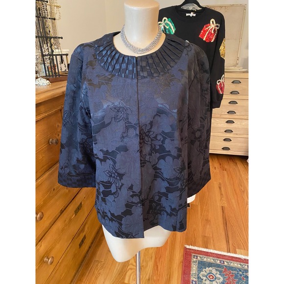 Chico's Jackets & Blazers - Chico's‎ Black Floral Jacquard Pleated Neck 3/4 Sleeve Jacket Blazer Size 3